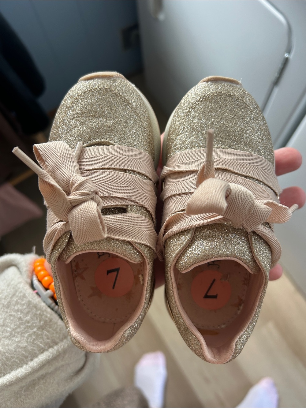 Kids Glitter Lace-Up Sneakers in Champagne Pink